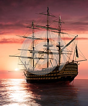 Admiral Nelson Flagship HMS Victory at sailing into the sunset