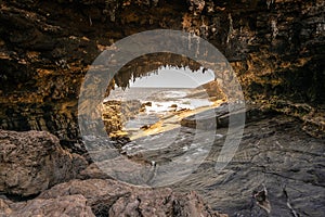 Admirals arch view at sunset with orange dramatic light and stalactites on Kangaroo island in Australia