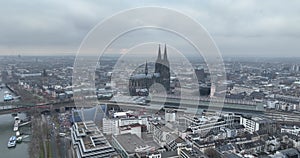 Admire the beauty of Cologne's historic landmarks, including its bridge and cathedral, in this stunning aerial drone