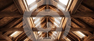 Admiring the symmetry of the brown hardwood ceiling in the wooden building