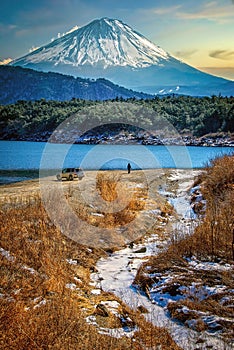 Admiring the view of Mount Fuji from the shore of Lake Saiko