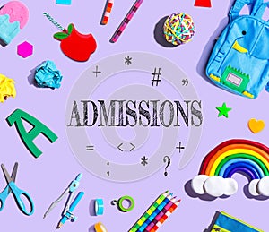 Admission theme with school supplies on a purple background