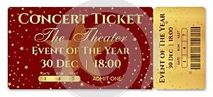 Admission ticket template. Vector mockup concert ticket tear-off with star