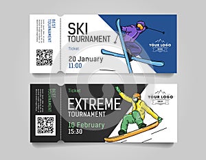 Admission tickets for extreme winter sports tournament or competition invitation with skier and snowboarder