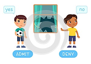 Admit and deny antonyms word card, Opposites concept with International kids.