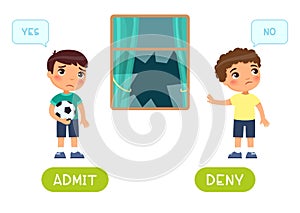 Admit and deny antonyms word card vector template. Flashcard for english language learning.