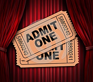 Admit one movie tickets on red drapes