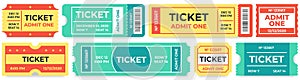Admit one tickets. Circus entries coupon, retro cinema ticket and movie entrance coupons vector set