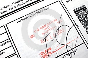 Admitted stamp of USA I-20 immigration form for students with visa photo