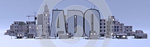 Ado lettering name, city with gray buildings