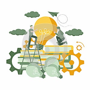 flat design vector illustrations of looking for new ideas by reading books, pile of light bulb, big idea concept, pile of books, s