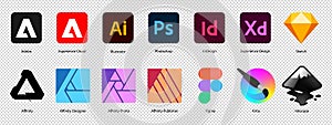 Adobe Illustrator, Photoshop, InDesign, Figma, Sketch, Inkscape, Affinity, Krita. Graphic design software logo set on transparent