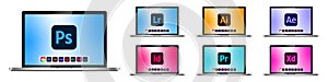 Adobe Product icons set on laptop mockup. Photoshop, Illustrator, After Effects, Indesign, Premiere, Xd, Lightroom. Creative