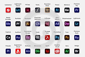 Adobe products icon collection. Set of Adobe logo