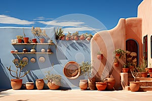 Adobe wall hosts decorative pots, set against vibrant skys picturesque canvas