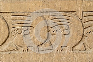 Adobe walls and decorations in the archaeological site of Chan Chan made by the Chimu civilization near Trujillo, Peru