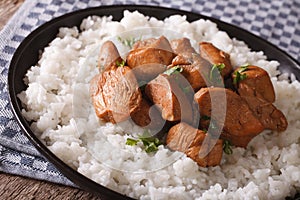 Adobo Chicken with garnish of rice close-up on a plate. horizontal