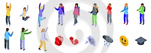 Adolescence icons set isometric vector. School people