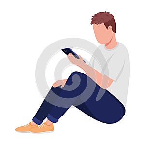 Adolescent boy looking at smartphone semi flat color vector character