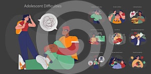 Adolescent difficulties set. Flat vector illustration