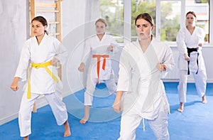 Adolescent karateka practicing punches during kata at group training