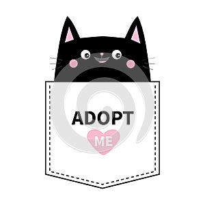 Adopt me. Black cat in the pocket. Cute cartoon animals. Kitten kitty character. Pink heart. Dash line. Pet animal collection. T-s