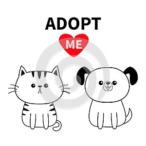 Adopt me. Contour sitting dog cat silhouette. Red heart. Pet adoption. Kawaii animal. Cute cartoon pooch character. Funny baby pup