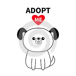 Adopt me. Contour sitting dog silhouette. Red heart. Pet adoption. Kawaii animal. Cute cartoon pooch character. Funny baby puppy .