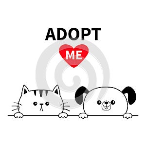 Adopt me Dog Cat face head. Hands paw holding line. Pet adoption. Help homeless animal Cute cartoon puppy kitten character. Funny