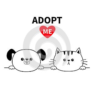 Adopt me Dog Cat head face . Hands paw holding line. Pet adoption. Help homeless animal Funny baby set. Cute cartoon puppy kitten