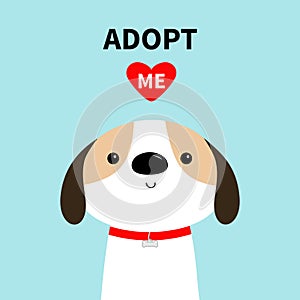 Adopt me. Dog face head. Red collar. White puppy pooch. Cute cartoon kawaii funny baby character. Flat design style. Help homeless