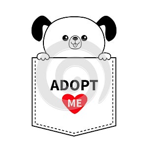 Adopt me. Dog in the pocket. Holding hands. Red heart. Cute cartoon animals. Puppy pooch character. Dash line. Pet animal collecti