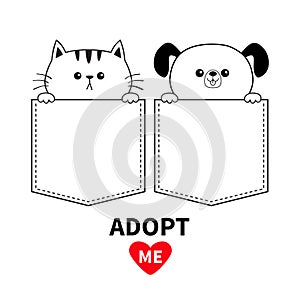 Adopt me. Red heart. Cute cat dog in the pocket. Holding hands paws. Cartoon animals. Kitten kitty puppy character. Dash line. Pet