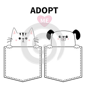 Adopt me. Red heart. Cute dog cat in the pocket. Holding hands paws. Cartoon animals. Kitten kitty puppy character. Dash line. Pet