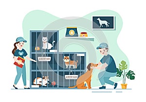Adopt a Pet From an Animal Shelter in the Form of Cats or Dogs to Care for and Look After in Flat Cartoon Hand Drawn Illustration