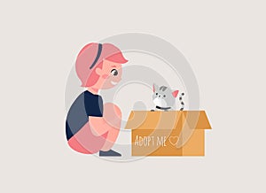 Adopt a pet concept with girl and cat cartoon illustration. Cute little cate inside cardboard box with adopt me text