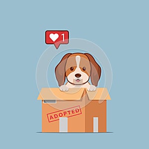 Adopt pet concept illustration. Dog rescue, protection, adoption concept. Flyer, poster template.Cute beagle puppy in a box