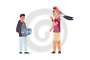 Adopted pets. People taking domestic animals from vet clinics or dog shelters. Man with parrot. Male character holds