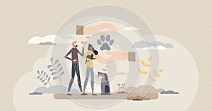 Adopting pet as giving homeless dog or cat shelter home tiny person concept photo