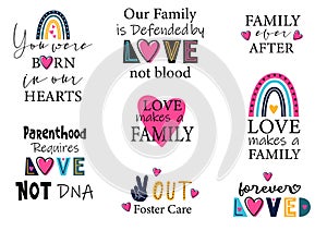 Adoption Children Set with inspiration Quotes. Phrase about Love inside Foster Family. Love not DNA is Defended