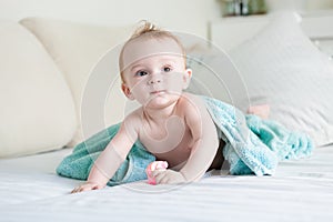 Adorable 9 months old baby boy covered in blue towel crawling on bed