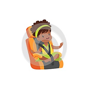 Adorable african little girl sitting in orange car seat, safety car transportation of small kids vector illustration