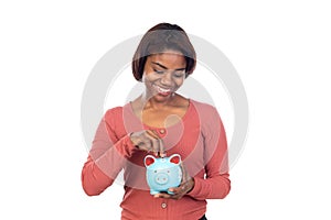 Adorable african woman with pink t-shirt