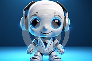 Adorable AI chat bot, cute robot with headphones, blue background photo