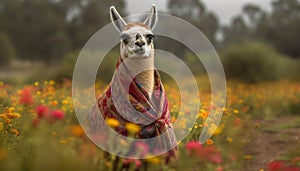 Adorable alpaca grazes in tranquil meadow, posing generated by AI