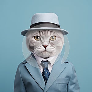 Adorable American Shorthair Cat In Stylish Hat And Suit