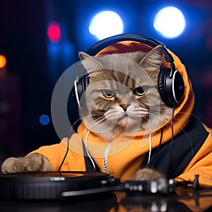 Adorable angry DJ playing music at a party