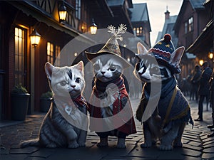 Adorable animals dressed in festive attire, parading through a charming village