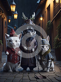 Adorable animals dressed in festive attire, parading through a charming village