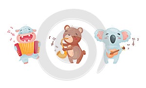 Adorable animals playing musical instruments set. Cute hippo, bear, koala playing accordion, trumpet, guitar cartoon